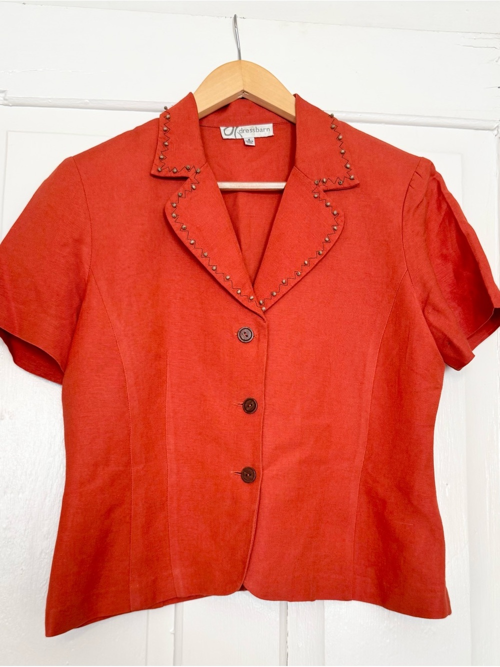 Vintage Dressbarn Orange Linen Short-Sleeve Studded Notch Collar Button Shirt